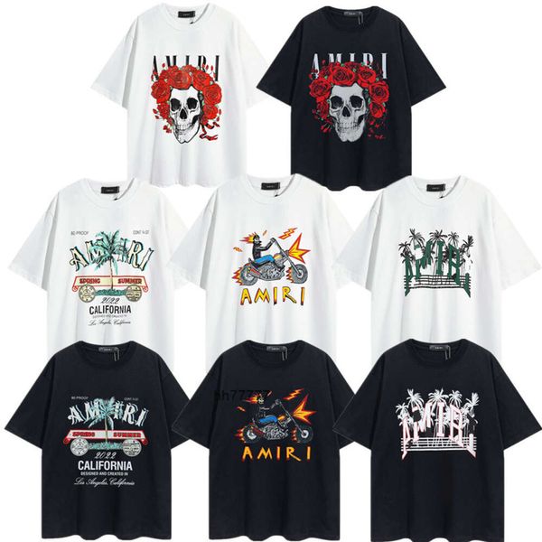 TOP DESIGN MENINAS T-SHISTS 23S MARCA TRENDY AMRI SKULL LETRA T-shirt de mangas curtas para homens e mulheres American High Street Loose Camisa de meia manga