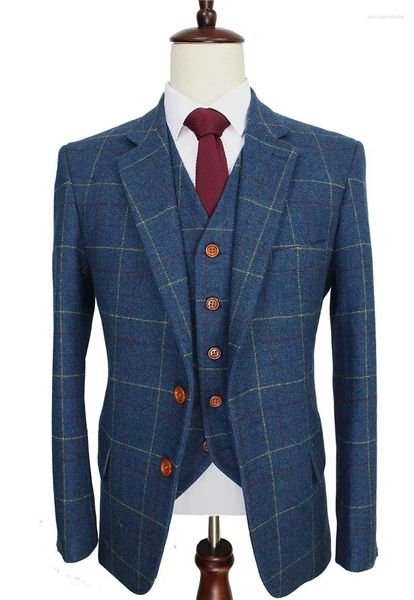 Herrenanzüge hochwertige Wolle Blau Tweed Plaid Mann Retro Gentleman Style Bräutigam Smoking MADE MADE MACHTE Hochzeit (Jackehose Weste)