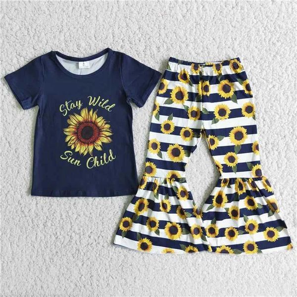 Kleidungssets Sommer Mode Baby Girls Kinder Schwarze Sonnenblumenabdruck Blumenblätter lang Bodhosen Großhandel Boutique Outfits