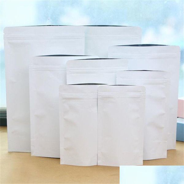 Bolsas de embalagem por atacado 100pcs/lote white kraft papel saco de papel alumínio stand up bolsas recicláveis armazenamento de vedação para chá de café dhnct