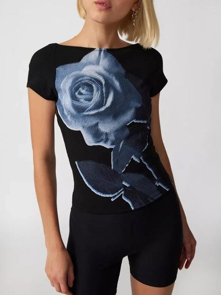 Camisetas femininas Mulheres Summer Slim Crop Tops T-shirt de boates de manga curta Rose Print Party para 2024