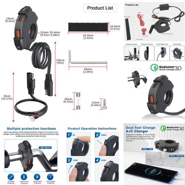 Neu verbessertes 12-V-Motorrad USB Fast Ladegerät wasserdichtes Sockel-Anschluss an Port Power Outlet-Lenker-Montage-Halterung Moto-Zubehör