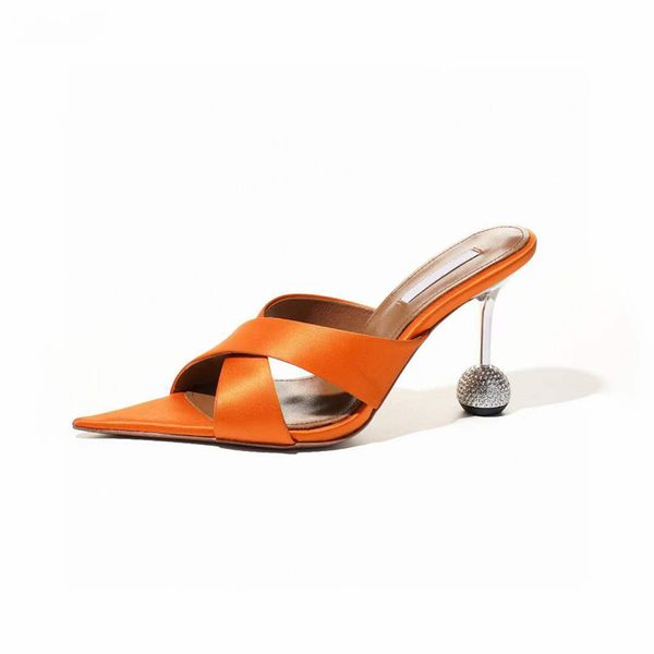 Модные женщины сандалии папильон 100 мм насосы Италия Идеальные апельсиновые атласы заостренные пальцы с кросс-ремешками дизайнер с кросс-ремешками Delux