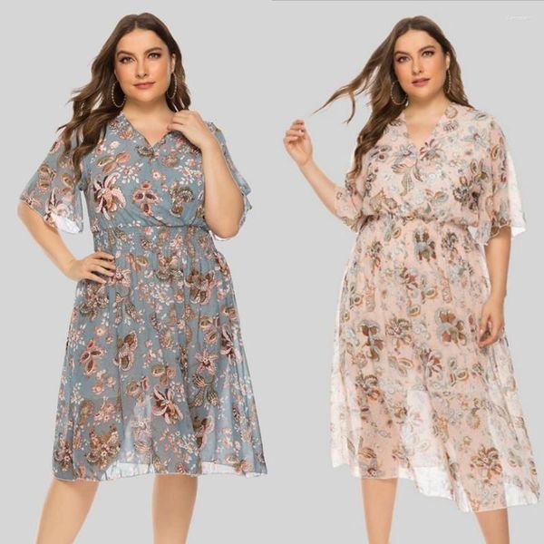 Lässige Kleider Sommer Fett Frauen Vintage Blumen elegantes Kleid Plus Größe Rock