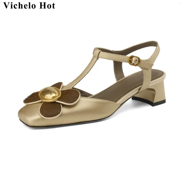 Kleiderschuhe Vichelo Kuh Leder klobige Medien Blumenfell Sommer flacher koreanischer Stil süße elegante Hochzeits Frauen Sandalen Sandalen