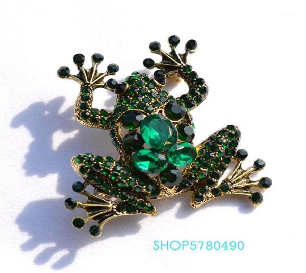 Vintage Rhinestone Frog Brooch Yeşil Renkli Kadınlar Kristal Göğüs Pim Lady Cats Parts Party Süsler Klasik Takı Lüks15291662