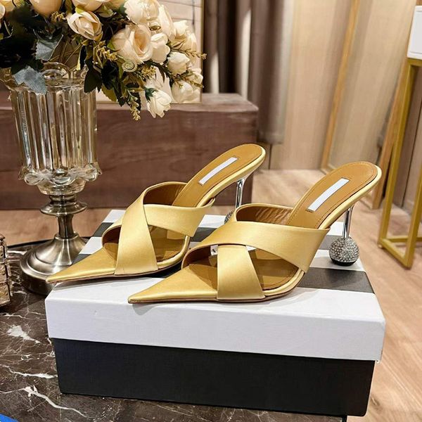 Modemarke Sandalen Frauen Papillon 100 mm Pumpen Italien Perfect Satins Spirited Toe Slingback Cross Gurt Designer Mode Hochzeitsfeier Sandale High Heels Box EU 34-42