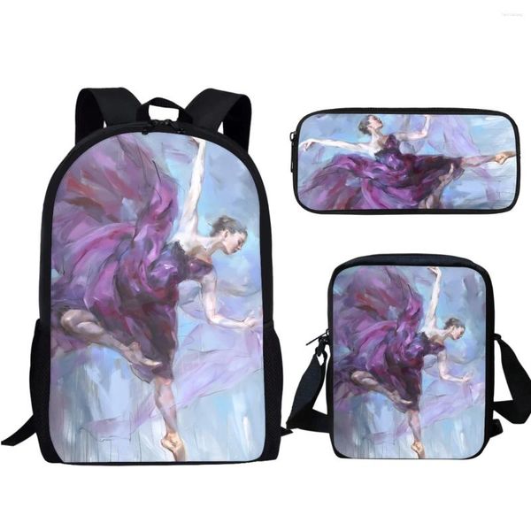 Schulbeutel Ballettölmalerei Designer Kunst Tanzstudentin Kindergarten Hochwertiger Rucksack Lunch schlanzlich Bleistift Hülle 3pc