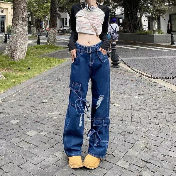 Jeans feminino garotas rasgadas de cintura alta carga de carga feminina de outono de rua de moda casual calça de perna larga lidera feminina calça as calças