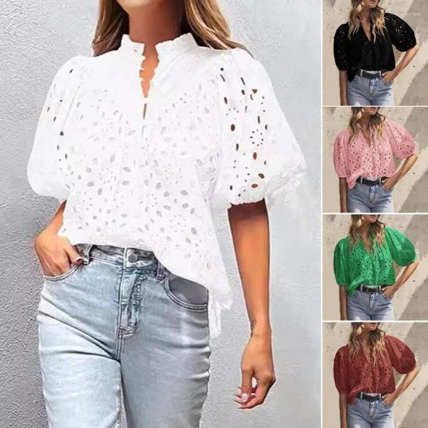 Blouses feminina Mulheres Camisa de renda Hollow Out Borda de bordada branca rosa verde rosa Verão 2024 Roupas Modern Girl Blusa Tops