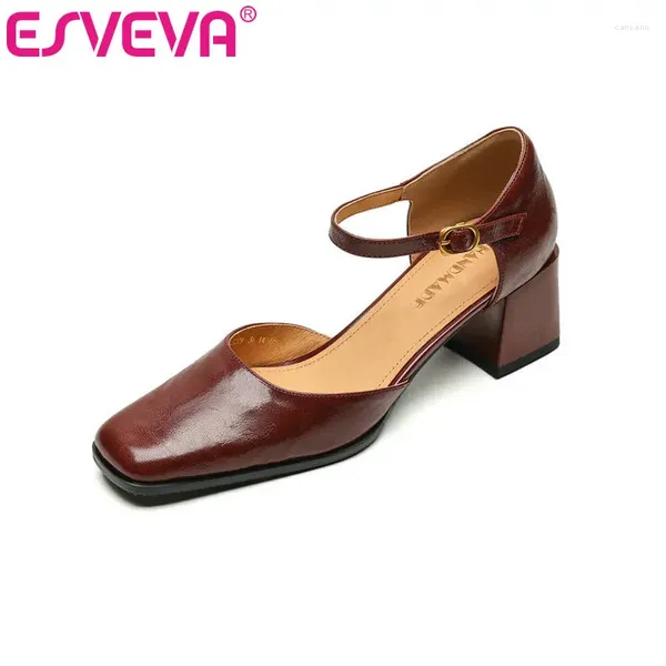 Vestido sapatos Esveva 2024 Mulheres bombas de couro genuínas Mary Jane Square Toe Buckle Med Heel Casual Brown Woman Tamanho 34-40