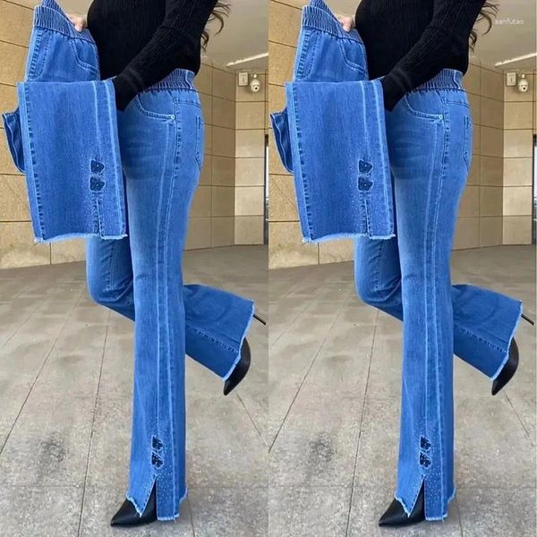 Jeans feminina moda mãe coreana micro alargada primavera outono etono bordado de jeans calças altas mulheres divididas