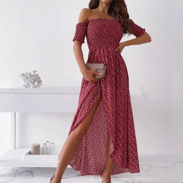 Lässige Kleider Frauen Kleider kleiden schulterfreie atmungsaktive Schnickschnackblumendruck Maxi Abschlussball Kleidung Sommer Elegante Abendparty