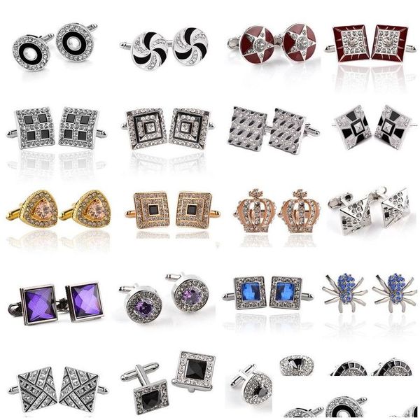 Manşet bağlantıları moda kristal french cufflink tasarımcı adam rhinestone kabuk sier siyah altın kaplama emaye iş alaşım gömlek kadın cu dh4um