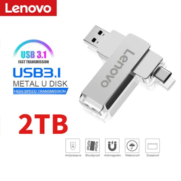 Адаптер Lenovo Super Mini Metal 2TB USB Flash Drive 1 ТБ крошечный хранение памяти Pendrive 128 256 512GB Устройство водонепроницаемы