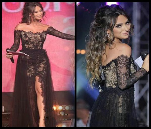 2018 Arapça Siyah Dantel Gece Elbise Offsoulder Uzun Kollu Yan Tulle Overkirt İle Bölünmüş Resmi Gowns Elie Saab Balo Dres5023127