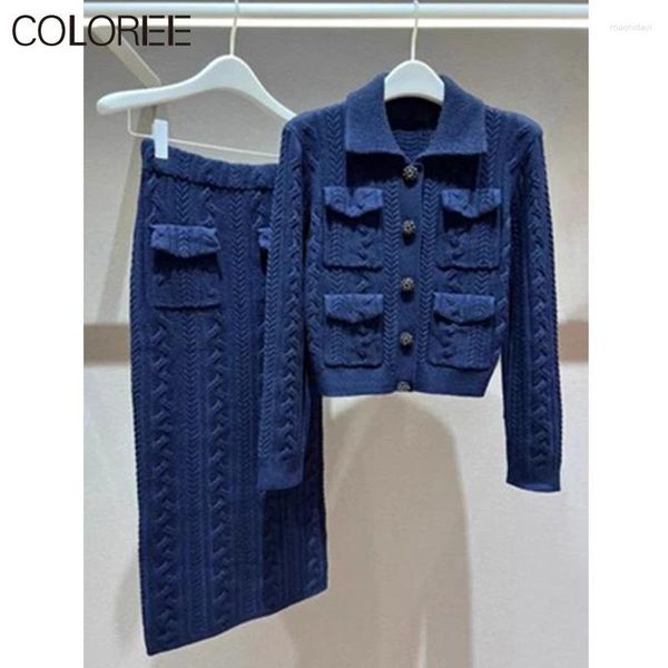 Arbeitskleider 2024 Spring Navy Strick 2 -Stück Sets Frauen Outfit Vintage Elegant Sweater und Midi Rock Zwei gesetzte koreanische Mode -Outfits