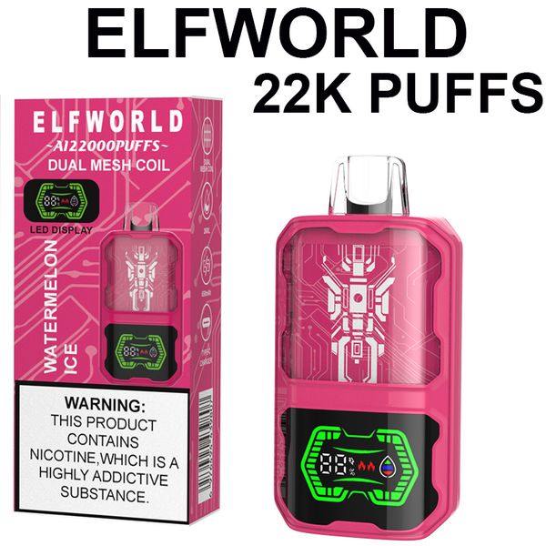 Original ELFWorld 22000 Vapers Puffs Einweg -Vape Vape Pen 22K Puff Vape Bar 26 ml vorgefüllte Patronen Pod 650 mAh wieder aufgeladene Batterie -LED -LED -Farbkit Kit