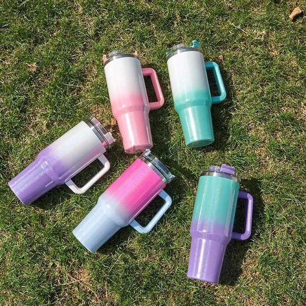 Tazze da 40 once thermos bottiglia in acciaio inossidabile tazza termica mantiene la bottiglia d'acqua fredda e riscaldata con maniglia arcobaleno per perdite a mosca a mosca arcobaleno 240417