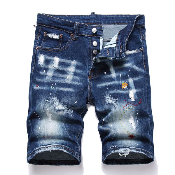 Tasarımcı Kot Şort Erkek Koyu Mavi Denim Kısa Pantolon Moda Delikleri Pantolon Boyut 30-38 Hip Hop Sıkıntılı Fermuar Pantolon Erkek İçin