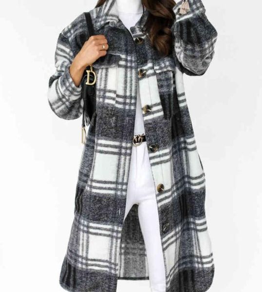 Übergroßer Herbst Frauen039s Casual Revers Button Down Long Plaid Shirt Coat Frauen Tartan Shacket ETR69F1240371