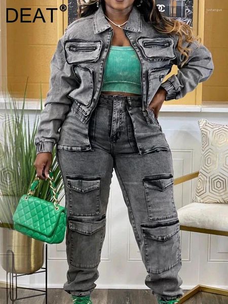 Zweiteilige Hosen für Frauen Vintage Anzüge Reißverschluss Taschen Langarmes Denim -Mantelknöpfe hohe Taille -Jeans Set weiblich 2024 Spring 33A695