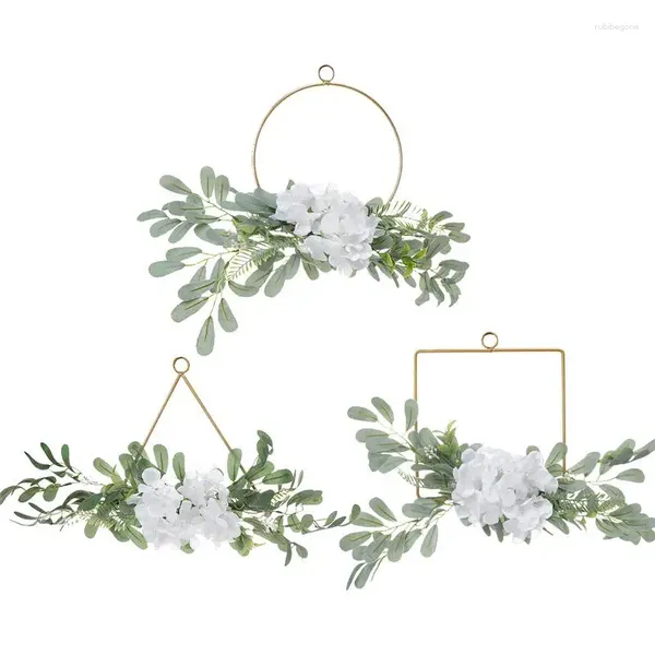 Flores decorativas Floral Floral Hoop Greath Eucalyptus Hydrangea Branco e Willow Leaves Vine Metal Ring Garland