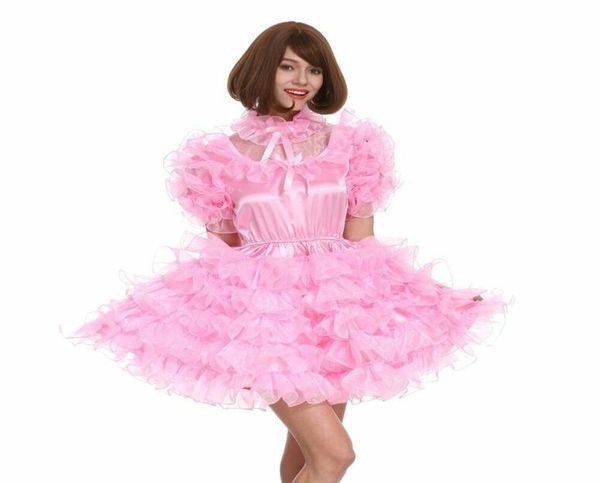 Sissy Girl Maid Puff Ball Mangas trajes de traje rosa bloqueado vestido cosplay5866744