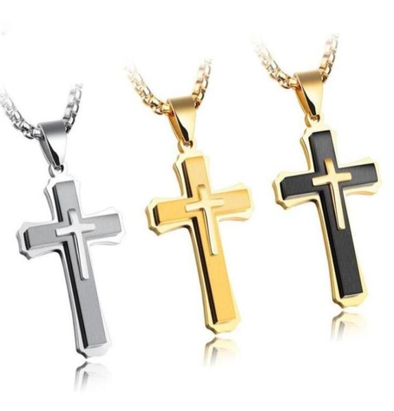 Jóias de moda de hip hop jóias de alta qualidade aço de titânio 3 fileiras Cruzador de pingentes Cristianismo Mulheres Lucky Homens Party colar Com Chain Gift7657214