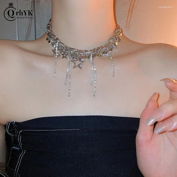 Moda coreana de gargantilha shiny shiny star star Pentagram Charms colar Bling Cristal Chain Tassel for Women Wedding Jewelry
