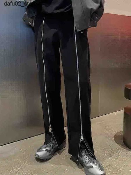 Calça masculina split streetwear terno de calças homens grife zíper casual calça longa e reta Longa coreana Popular 2023 Novo Q240417