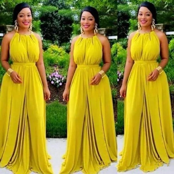 2024 gelbe Chiffon Abendkleider Halfter Riched Falten bodenlange maßgeschneiderte afrikanische Plus -Size -Prom Formale Ballkleid