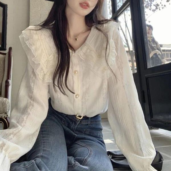 Camicette da donna Pearl botton cardigan blusa albicocca autunno autunno donna in stile coreano patchwork camicia a maniche lunghe donne moda moda francese sciolto