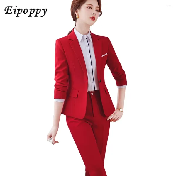 Pontas de duas peças femininas Office Ladies Formal Business Work Use Pant Suit de Pant Women Red Preto Cinzento Azul Lação longa Classic Solid Slim Conjunto