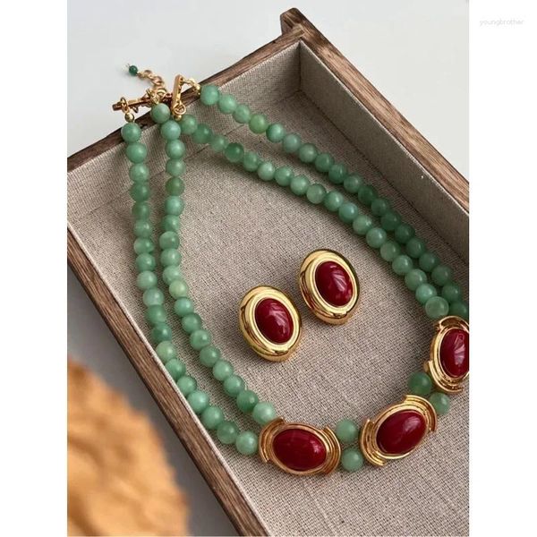 Choker Messing Vintage Natural Green Jade Perlen Kette Halskette Frauen Schmuck Punk Designer Landebahn Kleid Boho Japan Koreanisch