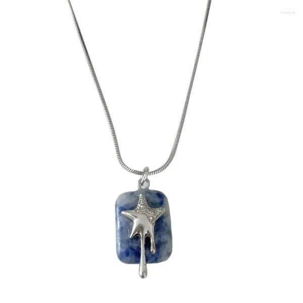 Anhänger Halsketten Mode Cube Blue Stone Stern Halskette Einfacher Kragen Y2K Halskette Statement Schmuck Schlüsselblatt