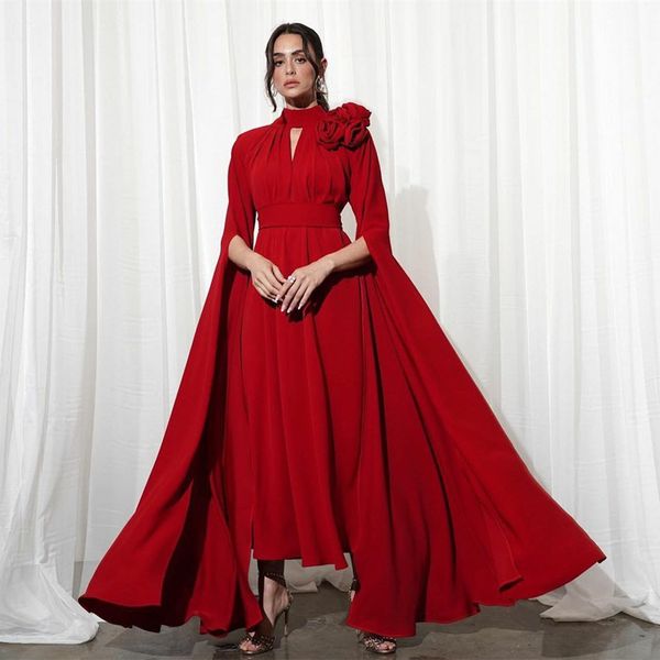 Vintage Kısa Yüksek Boyun Kırmızı Pileli Gece Elbiseler A-line Şifon Orta Doğu Ayak Bileği Uzunluğu Fermuarı Kadınlar İçin Balo Elbiseleri