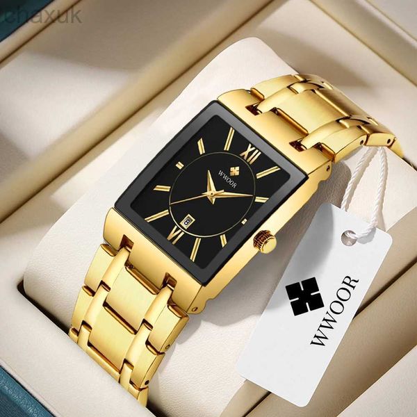 Relógios de pulso Relogio masculino wwoor Gold Watch Men Square masculino Top Brand Brand Luxo Golden Quartz Aço inoxidável Pulso à prova d'água D240417