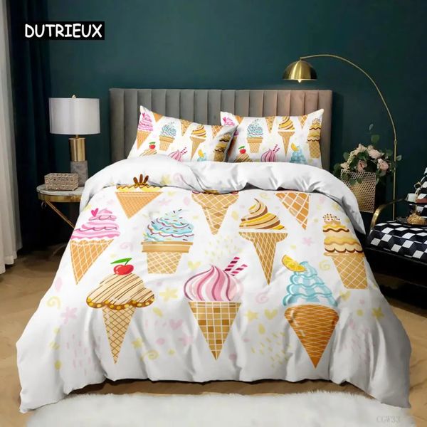 Conjunto de capa de edredom de sorvete para recortes de cama de estilo doce colorido para crianças menina microfiber verão queen rei quilt 240417