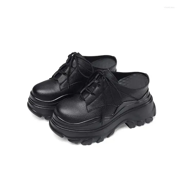 Scarpe casual Vichelo Muli in pelle genuina Muli rotondi con il tallone alto Slip sulla piattaforma piatta estiva Sneaker bianche in legato a livello incrociato Vulcanizzate