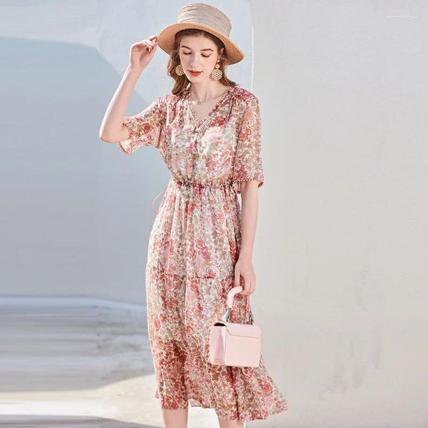 Abiti casual v Neck Pink Chiffon Silk Floral Maxi Dress Women 2024 Summer Long Work Boho Beach Office Sexy Party Luxury Plus Times