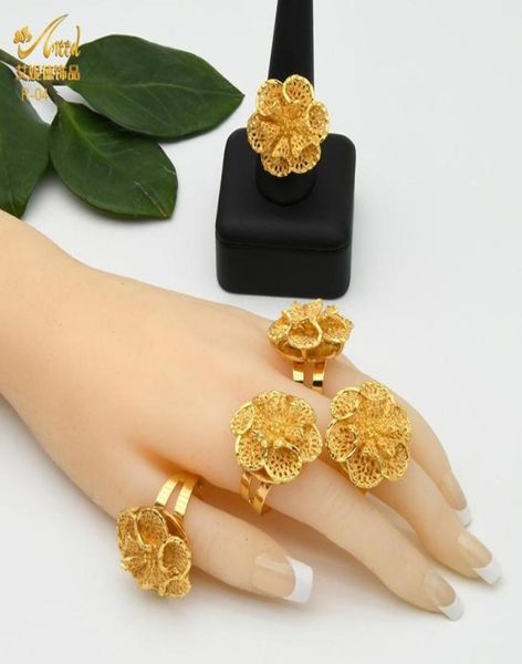 Anéis de casamento Anel redimensível para mulher Etiópia 24K Gold preenchido com grande flor oca African Fashion Party Wife Jewelry2090886