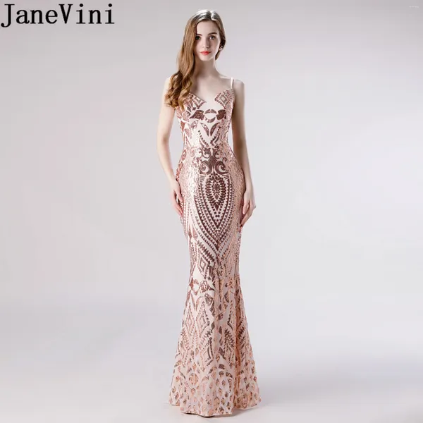 Partykleider Janevini sexy Rosegold Pailletten Abschlussball 2024 Long Merjungen Abendkleider Ladies Straps Bling Pailletten -Wear Gala Jurk