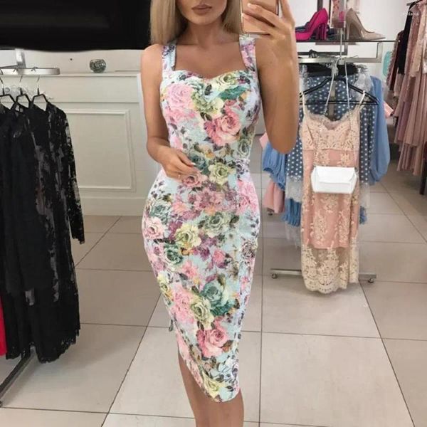 Sıradan elbiseler s !!! Akşam Partisi Vintage Gül Çiçek Baskı Kadınlar Kolsuz Bodycon Midi Elbise