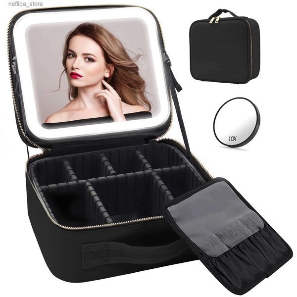 Косметические сумки для прохождения макияжа с зеркалом светодиодного освещения с регулируемыми разделителями с съемным 10 -кратным увеличительным зеркалом L410