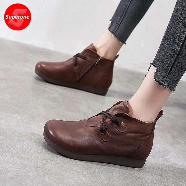 Casual Shoes Herumn National Style High Top Damen Flat Bottomed Knight Boots Leder Single Retro Round Head Short