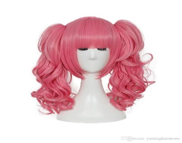 Curta anime cosplay peruca rosa cor sintética perucas com dois rabos de cavalo para figuraria resistente à cabeça WIG68803033828865