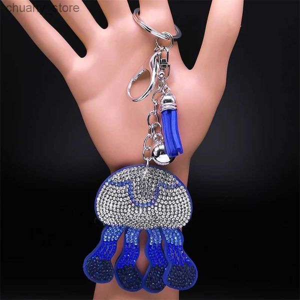 Tornari percollati carini e gelatine catena chiave per donne uomini blu nappata Rhinestone Marine Animal Ocean Bagchain Bag di Pendant Gioielli Llavero Y240417