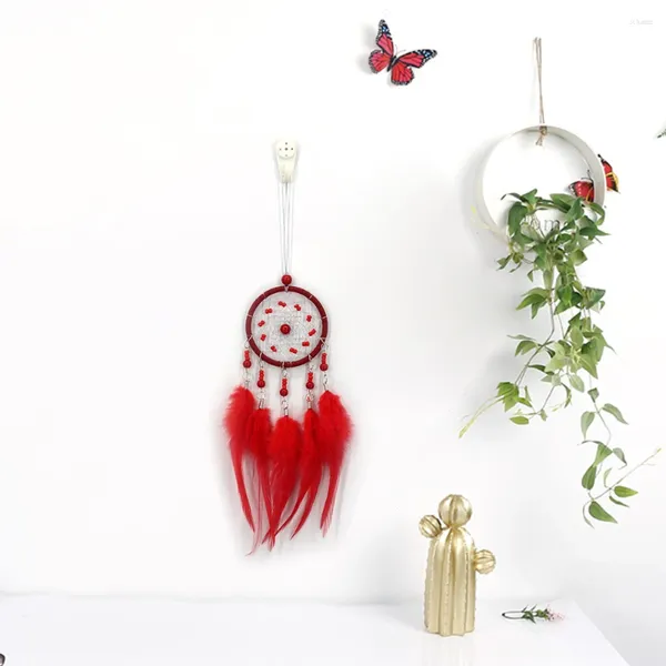 Dekorative Figuren rote Federn Perlen Traumfänger Rückspiegelwagen Charme Ornament Hängende Anhänger Wind Chime Geschenk Home Room Dekor Dekor