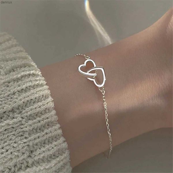 Braggango Nuovo colore argento a doppio interblocco Small Hearts Bracciale Bracciale per donne Gioielli di moda Festa Giftle